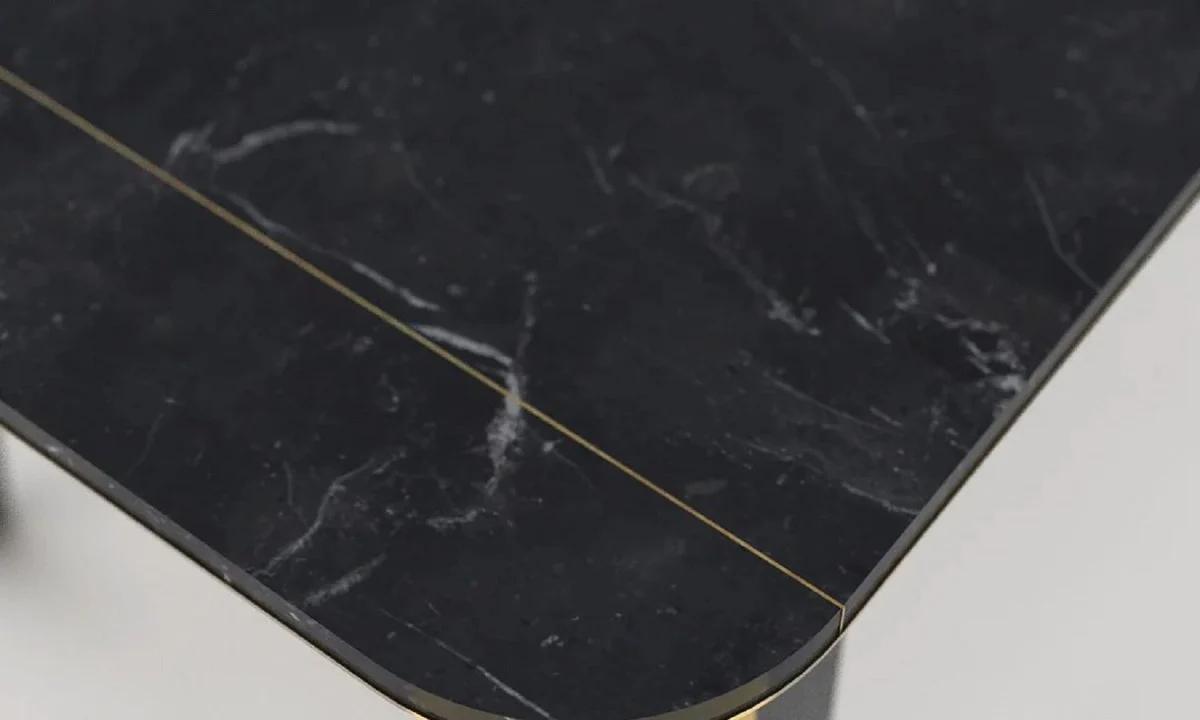 Luxus Marmor Esstisch Schwarz / Messingfarben 180 x 90 x H. 80 cm - Edler Küchentisch mit hochwertigem handgeschliffenen Marquina Marmor - Marmor Esszimmer Möbel - Luxus Qualität