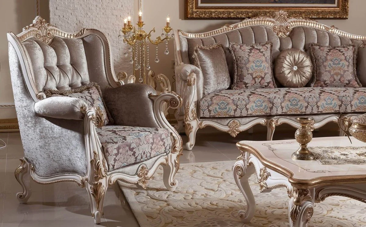 Luxus Barock Sofa Braun / Weiß / Gold 245 cm