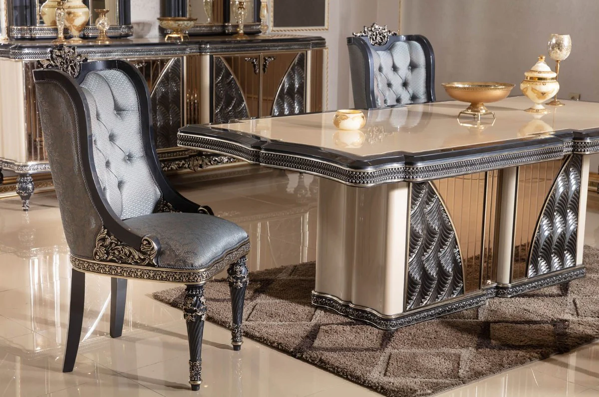 Luxus Barock Esstisch Beige / Schwarz / Gold - Rechteckiger Barockstil Küchentisch - Luxus Esszimmer Möbel im Barockstil - Barock Esszimmer Möbel - Barock Einrichtung