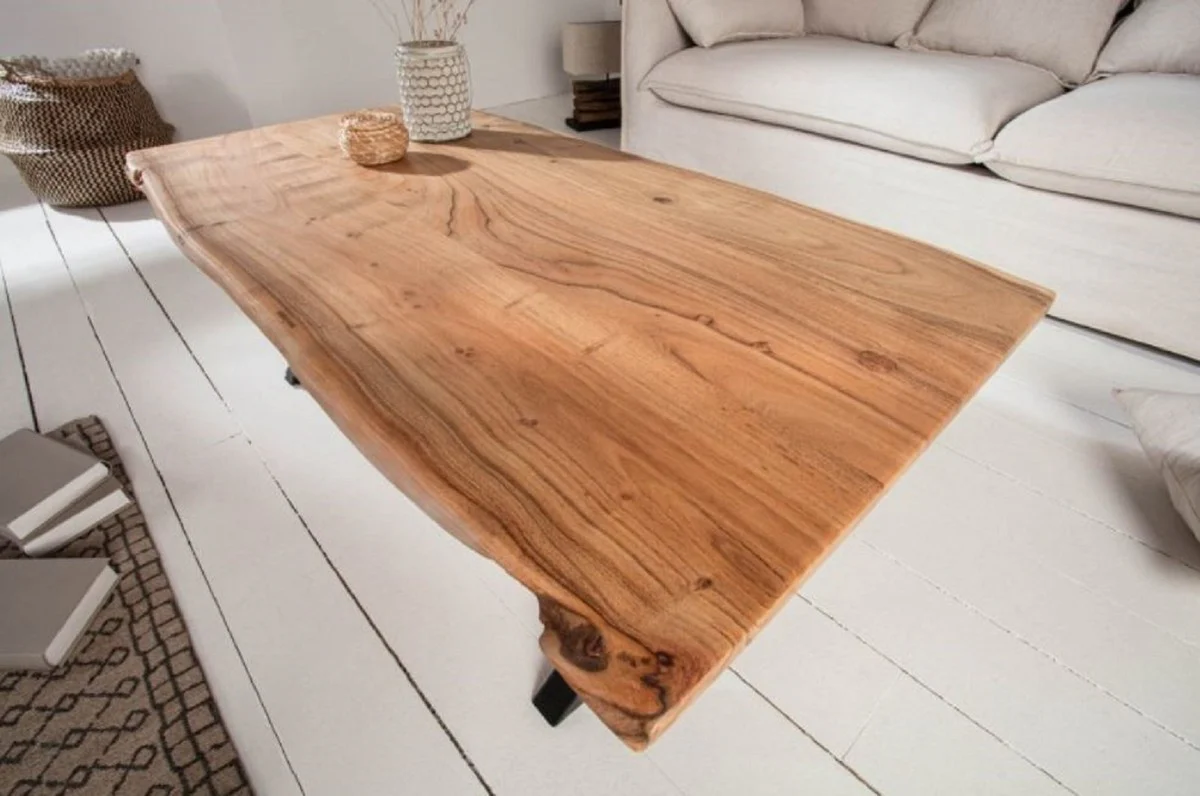 Massivholz Couchtisch mit Metallbeinen Naturfarben / Schwarz 118 x 60 x H. 40 cm - Rechteckiger Wohnzimmertisch - Massivholz Wohnzimmer Möbel