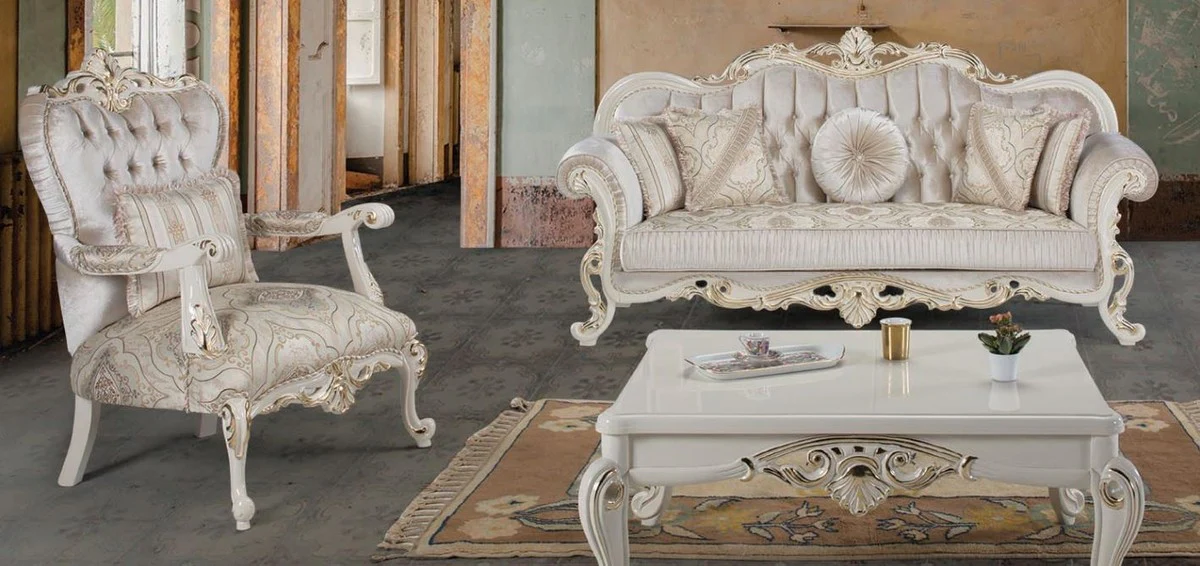 Luxus Barock Wohnzimmer Set Mehrfarbig / Weiß / Gold - 2 Sofas & 2 Sessel & 1 Couchtisch - Wohnzimmer Möbel im Barockstil - Edel & Prunkvoll