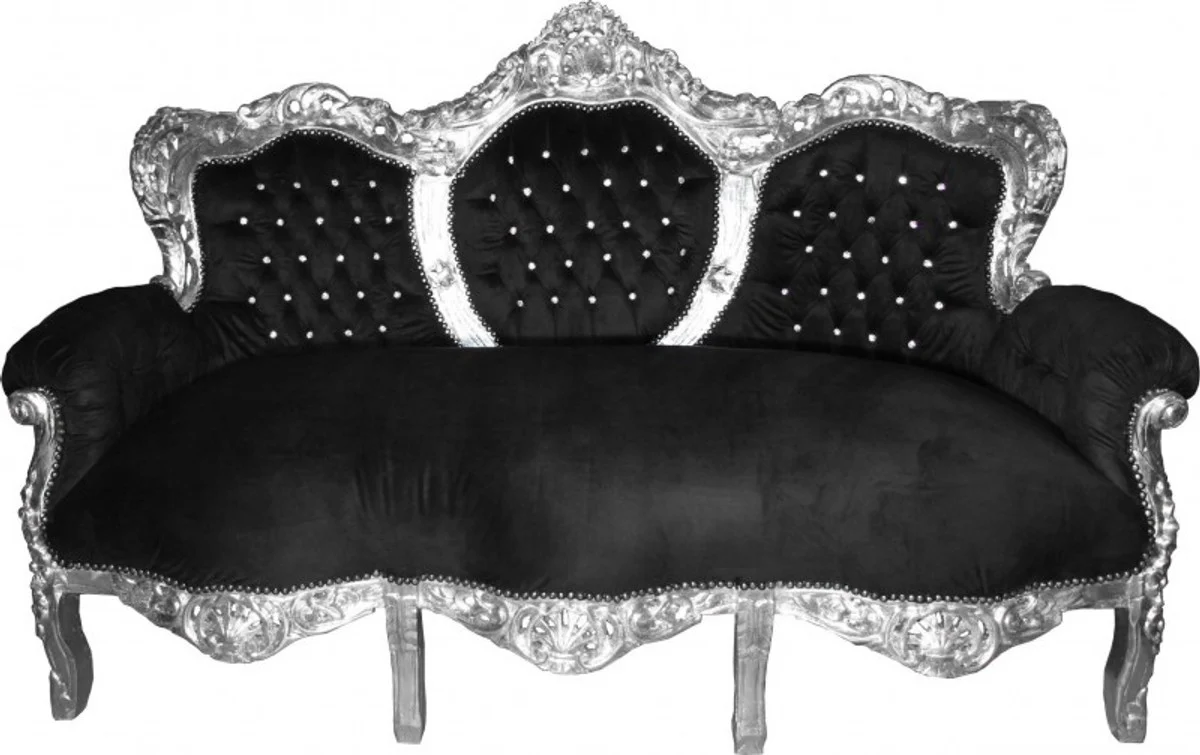 Barock 3-er Sofa King Schwarz/Silber mit Bling Bling Glitzersteinen Möbel