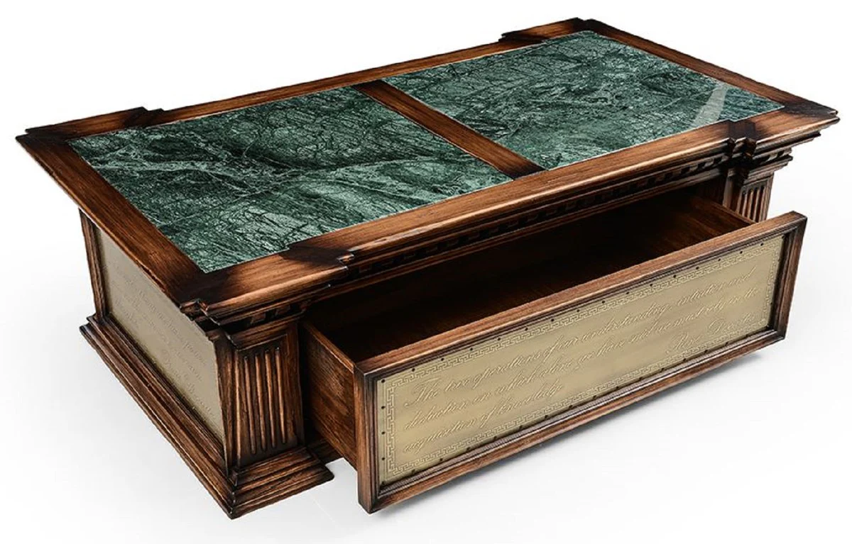 Luxus Vintage Stil Couchtisch Braun / Grün / Messing 156 x 89,5 x H. 48 cm - Rechteckiger Massivholz Wohnzimmertisch mit Schublade - Luxus Vintage Stil Wohnzimmer Möbel