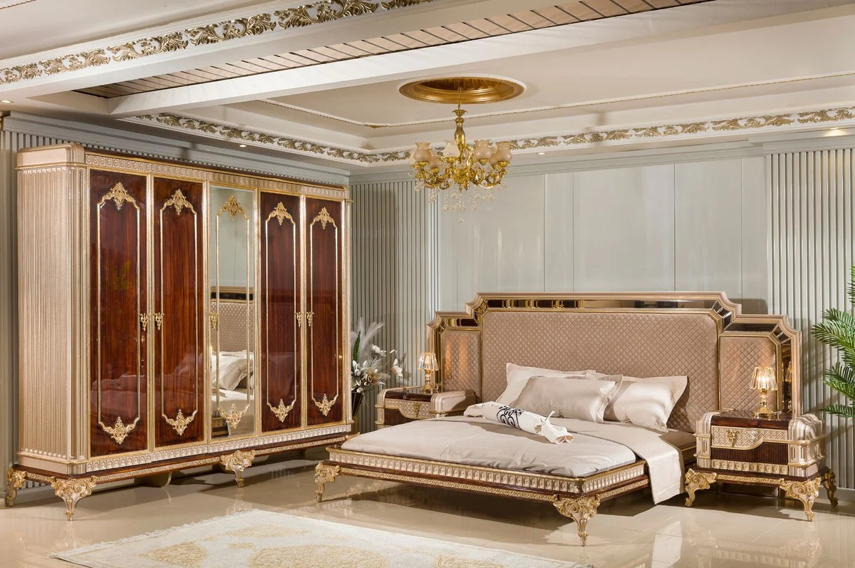 Luxus Barock Doppelbett mit 2 Nachtkommoden Grau / Dunkelbraun / Gold - Barock Möbel