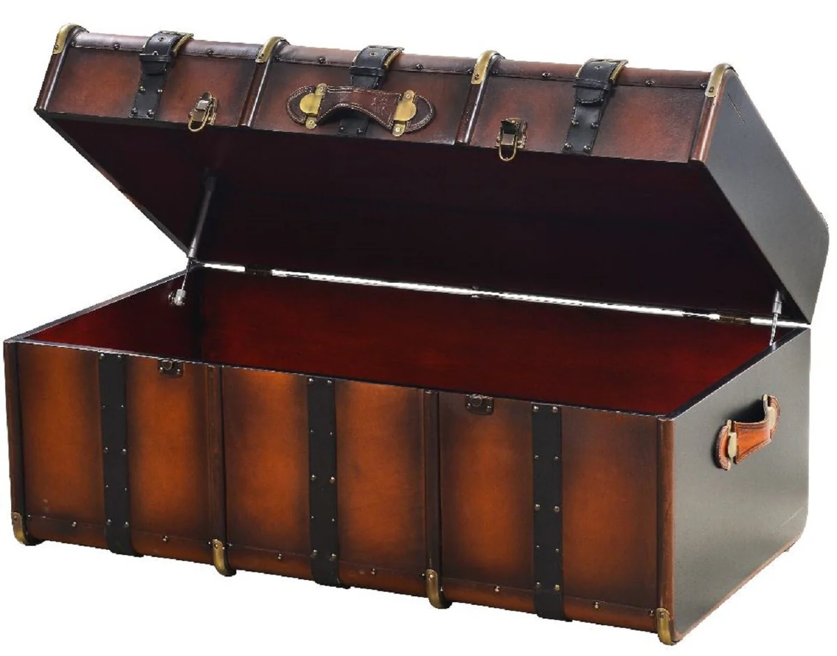 Luxus Couchtisch in Koffer Optik Braun / Messing 110 x 59 x H. 51 cm - Koffer Wohnzimmertisch mit Stauraum - Wohnzimmer Möbel - Luxus Möbel in Koffer Optik - Luxus Kollektion