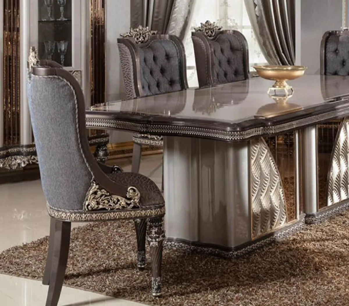 Luxus Barock Esszimmerstuhl 6er Set Blau / Grau / Dunkelbraun / Gold - Barockstil Küchenstühle mit Muster - Luxus Esszimmer Möbel im Barockstil - Barock Esszimmer Möbel