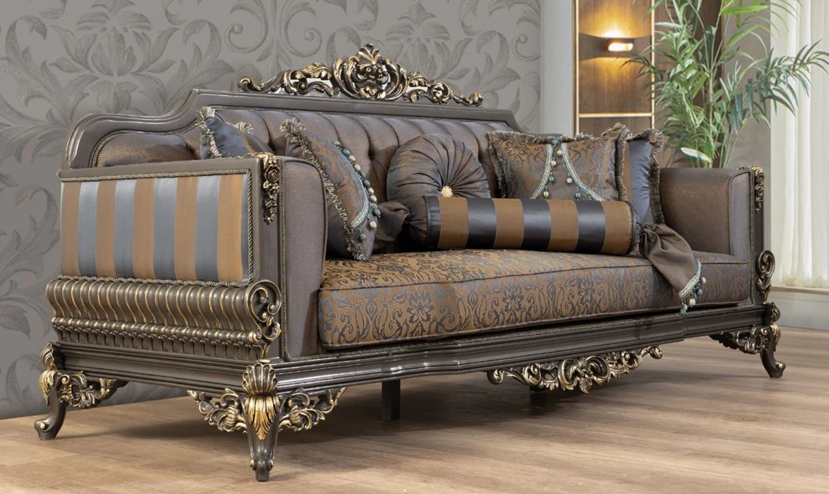 Luxus Barock Wohnzimmer Set Blau / Grau / Gold - 2 Sofas & 2 Sessel & 1 Couchtisch - Prunkvolle Barock Wohnzimmer Möbel