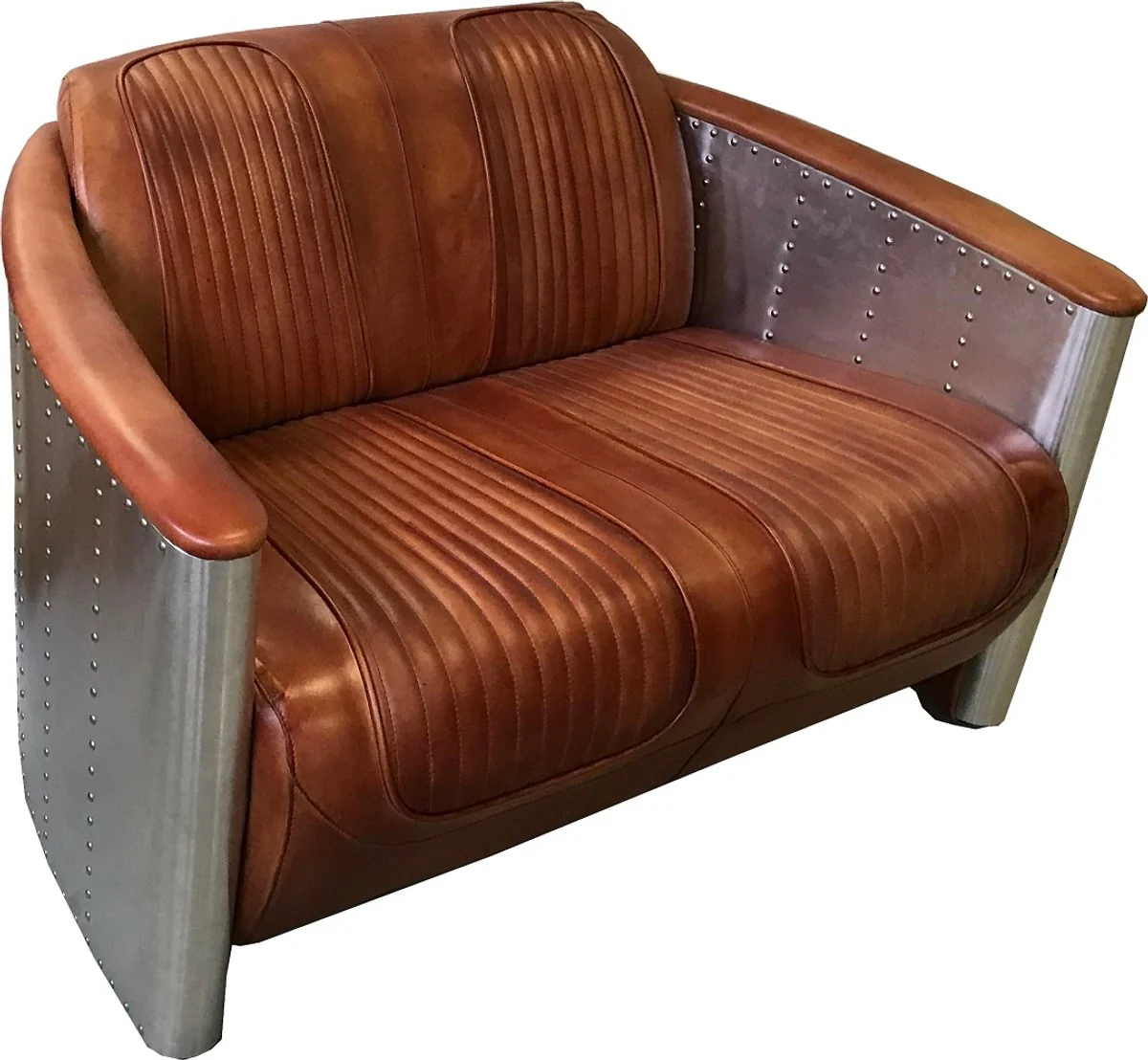 Luxus Art Deco Leder Sofa 122 x 70 x H. 82 cm - Verschiedene Farben - Aluminium Wohnzimmer Sofa mit Echtleder - Aluminium Flugzeug Flieger Sofa Möbel