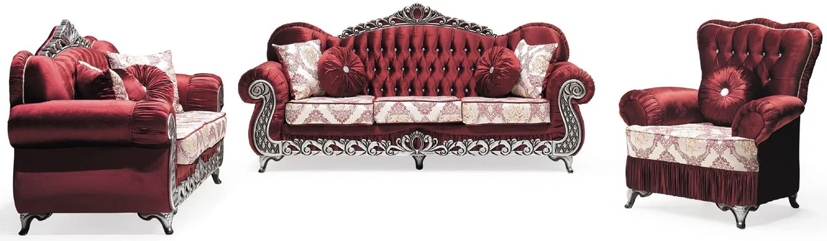 Luxus Barock 2er Sofa Bordeauxrot / Creme / Silber - Prunkvolles Wohnzimmer Sofa mit Muster und Glitzersteinen - Wohnzimmer Möbel im Barockstil - Barock Möbel - Edel & Prunkvoll