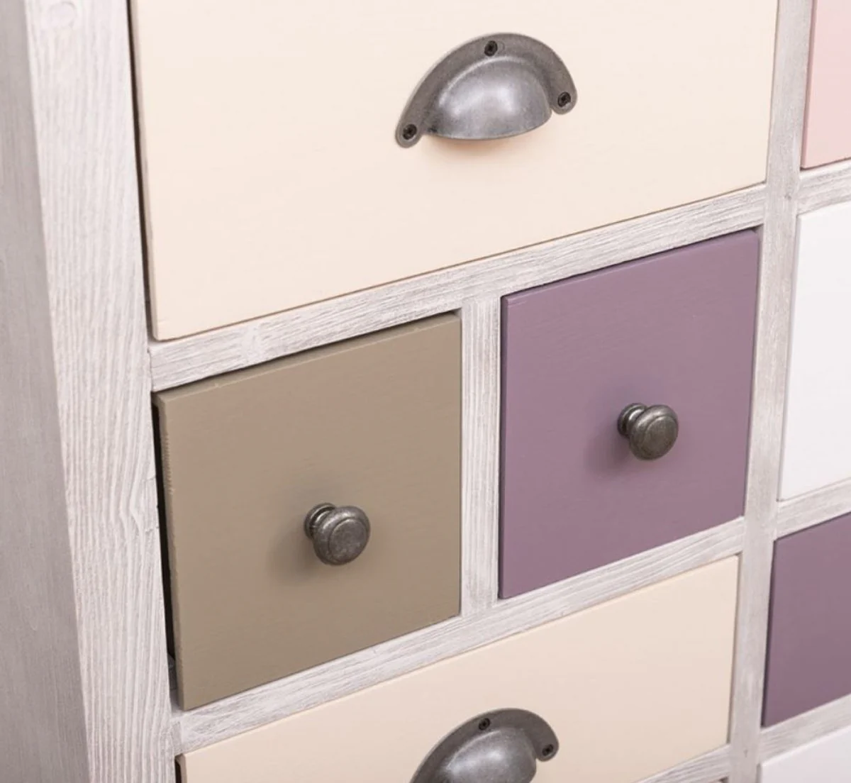 Landhausstil Kommode Hellgrau / Mehrfarbig 90 x 35 x H. 97 cm - Massivholz Schrank mit 13 Schubladen - Landhausstil Möbel