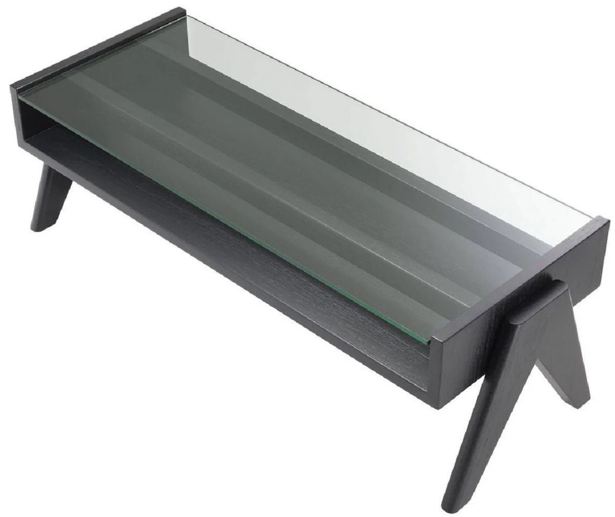 Luxus Couchtisch Schwarz 120 x 46 x H. 39,5 cm - Rechteckiger Massivholz Wohnzimmertisch mit Glasplatte - Luxus Wohnzimmer Möbel