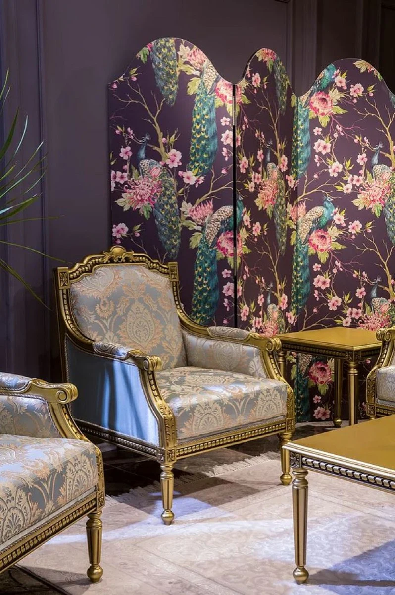 Luxus Barock Wohnzimmer Set Hellblau / Gold - 2 Barock Sofas & 2 Barock Sessel & 1 Barock Couchtisch - Wohnzimmer Möbel im Barockstil - Barock Möbel - Barock Einrichtung