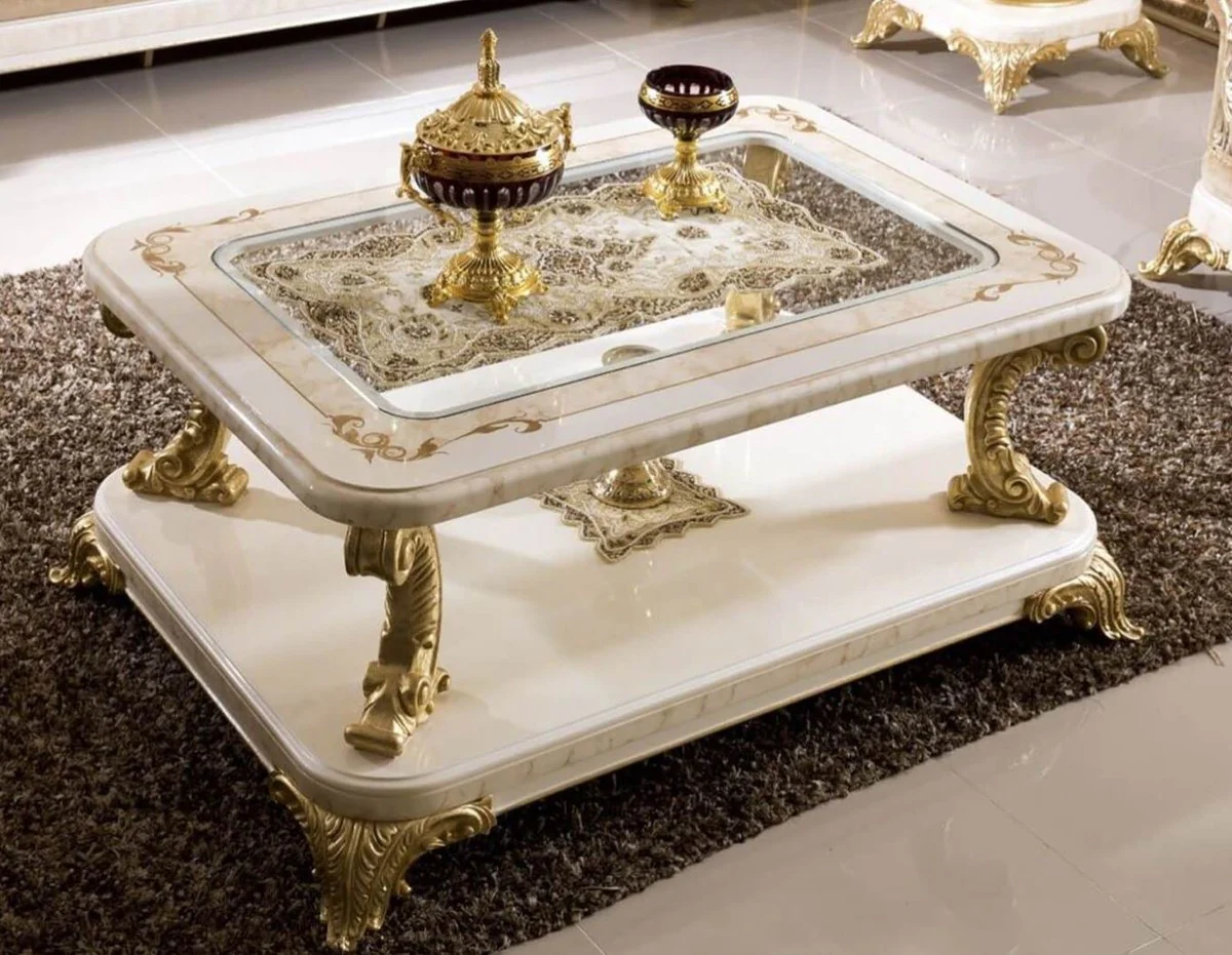 Luxus Barock Couchtisch mit Glasplatte Weiß / Beige / Gold - Prunkvoller Massivholz Wohnzimmertisch im Barockstil - Barock Wohnzimmer Möbel - Edel & Prunkvoll