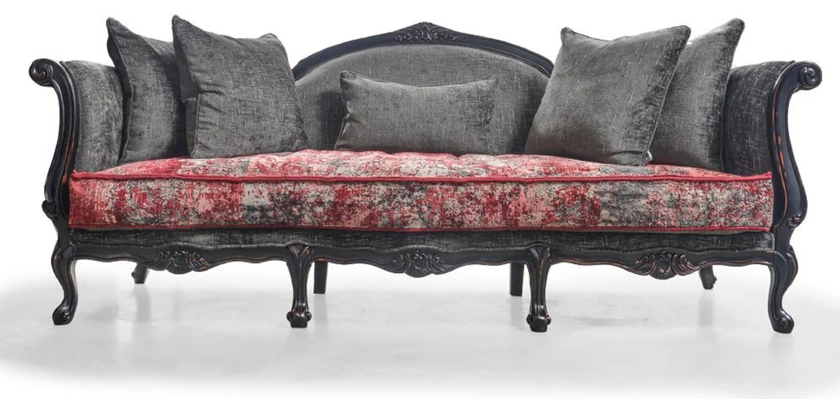 Luxus Barock Sofa Grau / Rot / Antik Schwarz - Prunkvolles Barockstil Wohnzimmer Sofa - Luxus Wohnzimmer Möbel im Barockstil - Barock Möbel - Edel & Prunkvoll