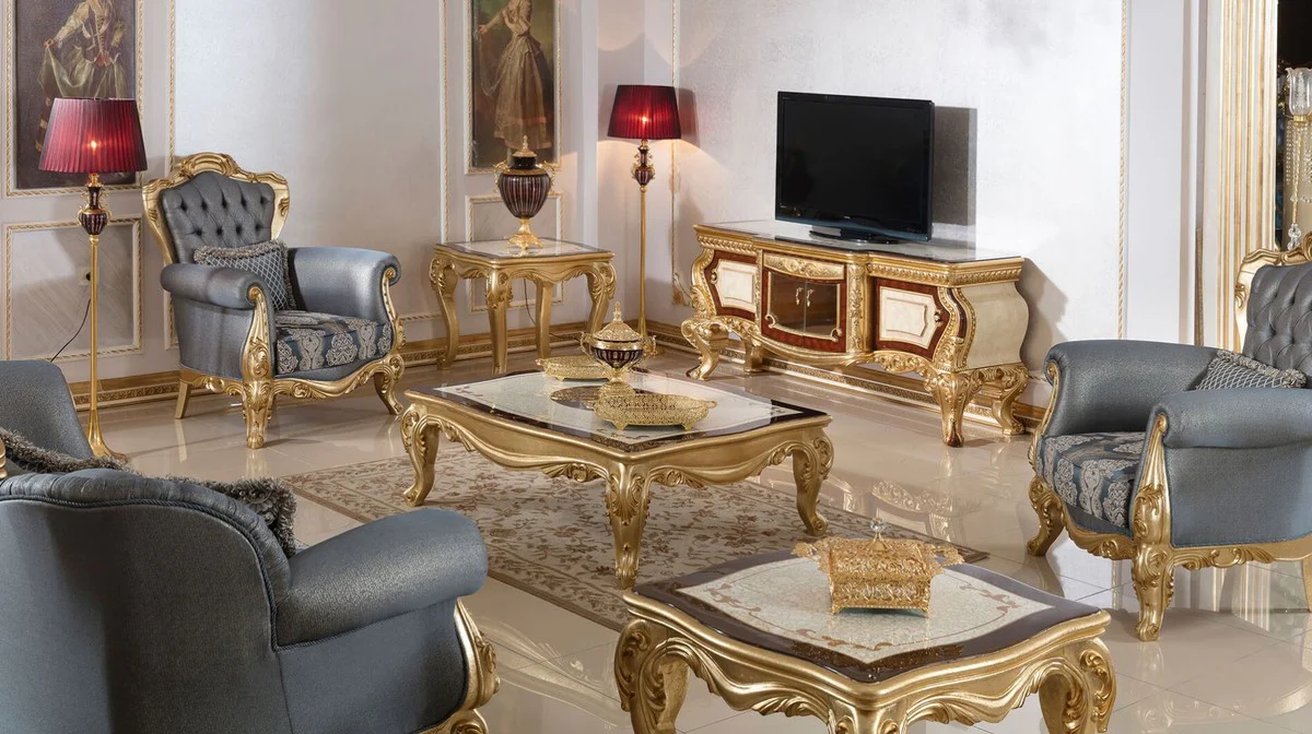 Luxus Barock Couchtisch Weiß / Braun / Gold - Prunkvoller Massivholz Wohnzimmertisch im Barockstil - Barock Wohnzimmer Möbel - Edel & Prunkvoll