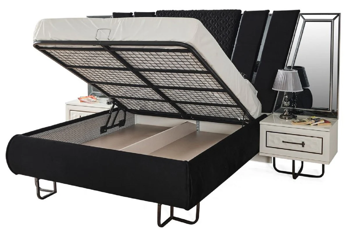 Luxus Art Deco Schlafzimmer Set Schwarz / Weiß / Bronze - 1 Doppelbett mit Kopfteil & 2 Nachtkommoden - Art Deco Schlafzimmer Möbel - Luxus Schlafzimmer Möbel - Luxus Einrichtung