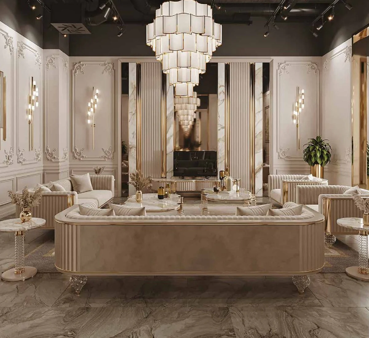 Luxus Art Deco 3er Sofa Grau / Gold 260 x 96 x H. 75,5 cm - Wohnzimmer Sofa - Wohnzimmer Möbel - Art Deco Möbel - Luxus Möbel - Art Deco Einrichtung - Luxus Einrichtung