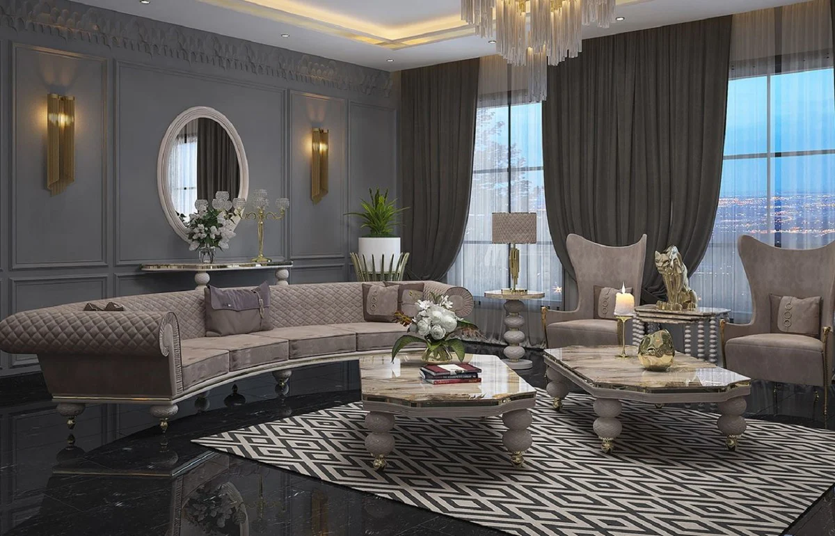 Luxus Art Deco Sofa Grau / Gold - Gebogenes Wohnzimmer Sofa - Hotel Sofa - Luxus Art Deco Wohnzimmer & Hotel Möbel - Luxus Qualität