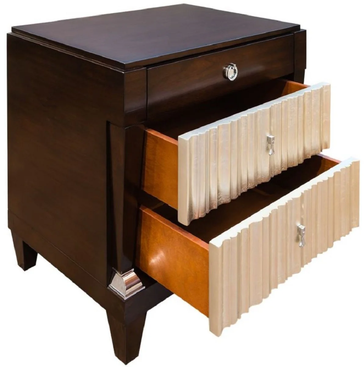 Luxus Neoklassisches Schlafzimmer Set Hellbeige / Dunkelbraun / Silber - 1 Doppelbett mit Kopfteil & 2 Nachtkommoden - Neoklassische Schlafzimmer Möbel