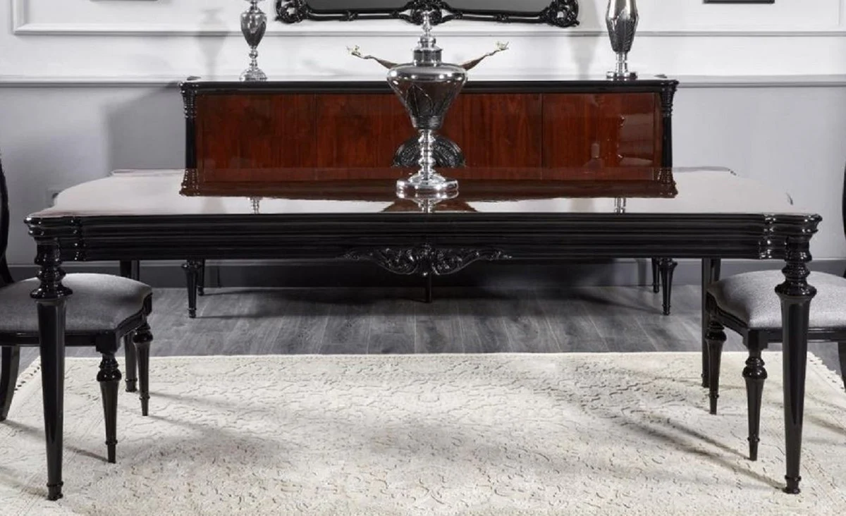 Luxus Barock Esszimmer Set Silbergrau / Schwarz - 1 Barock Esstisch & 6 Barock Esszimmerstühle