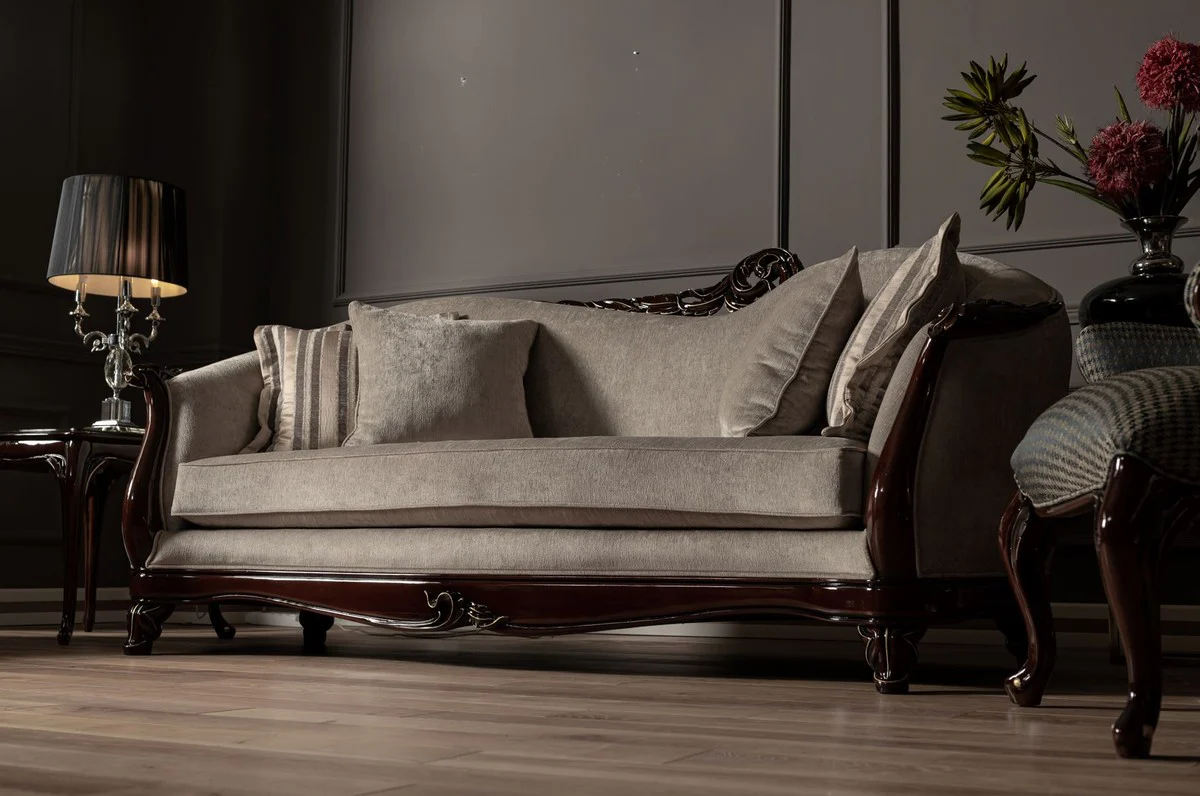 Luxus Barock Sofa Beige / Dunkelbraun / Gold - Handgefertigtes Wohnzimmer Sofa im Barockstil - Barock Wohnzimmer Möbel
