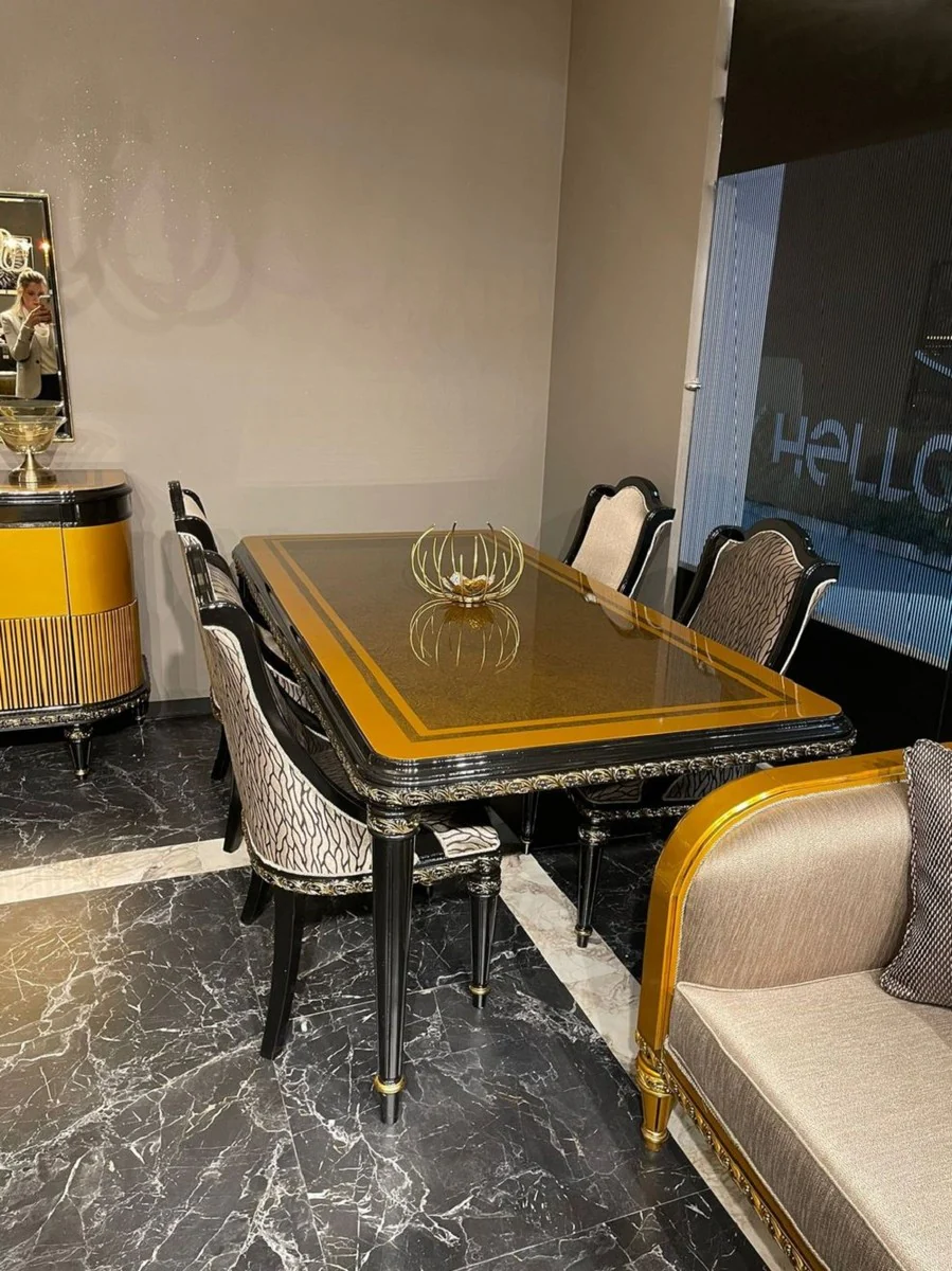 Luxus Barock Esszimmer Set Gold / Schwarz / Gold - 1 Barock Esstisch & 6 Barock Esszimmerstühle - Barock Esszimmer Möbel - Luxus Möbel im Barockstil - Edel & Prunkvoll