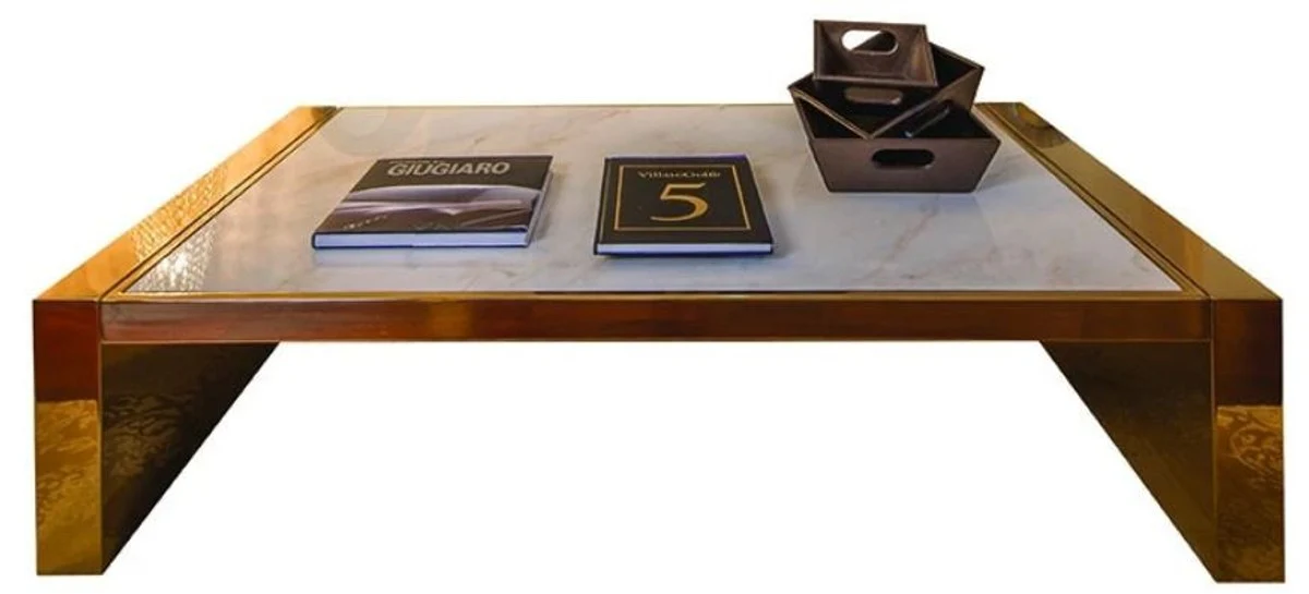 Luxus Couchtisch Weiß / Gold / Taupe 160 x 90 x H. 36 cm - Moderner Wohnzimmertisch mit Calacatta Marmorplatte - Hotel Möbel - Luxus Qualität - Made in Italy