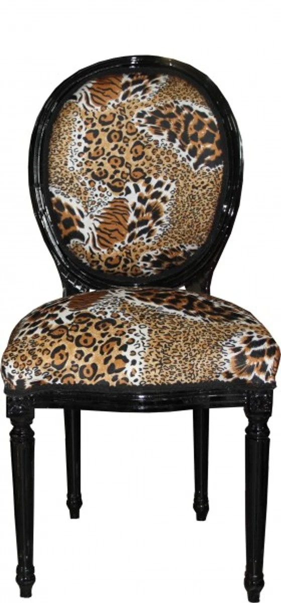 Barock Esszimmer Stuhl Medaillon Tiger Muster / Schwarz - Barock Möbel - Limited Edition