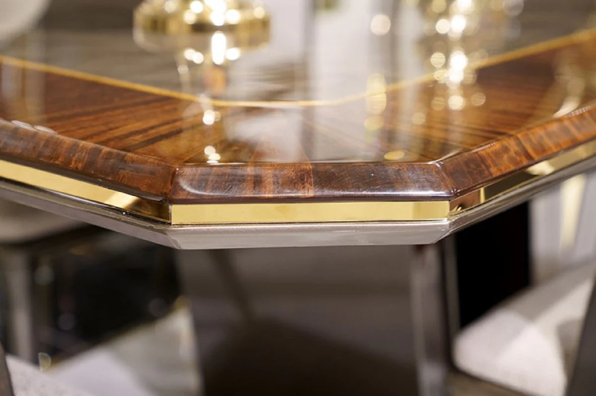 Luxus Esszimmer Set Grau / Braun / Gold - 1 Esstisch & 6 Esszimmerstühle - Luxus Esszimmer Möbel - Luxus Qualität