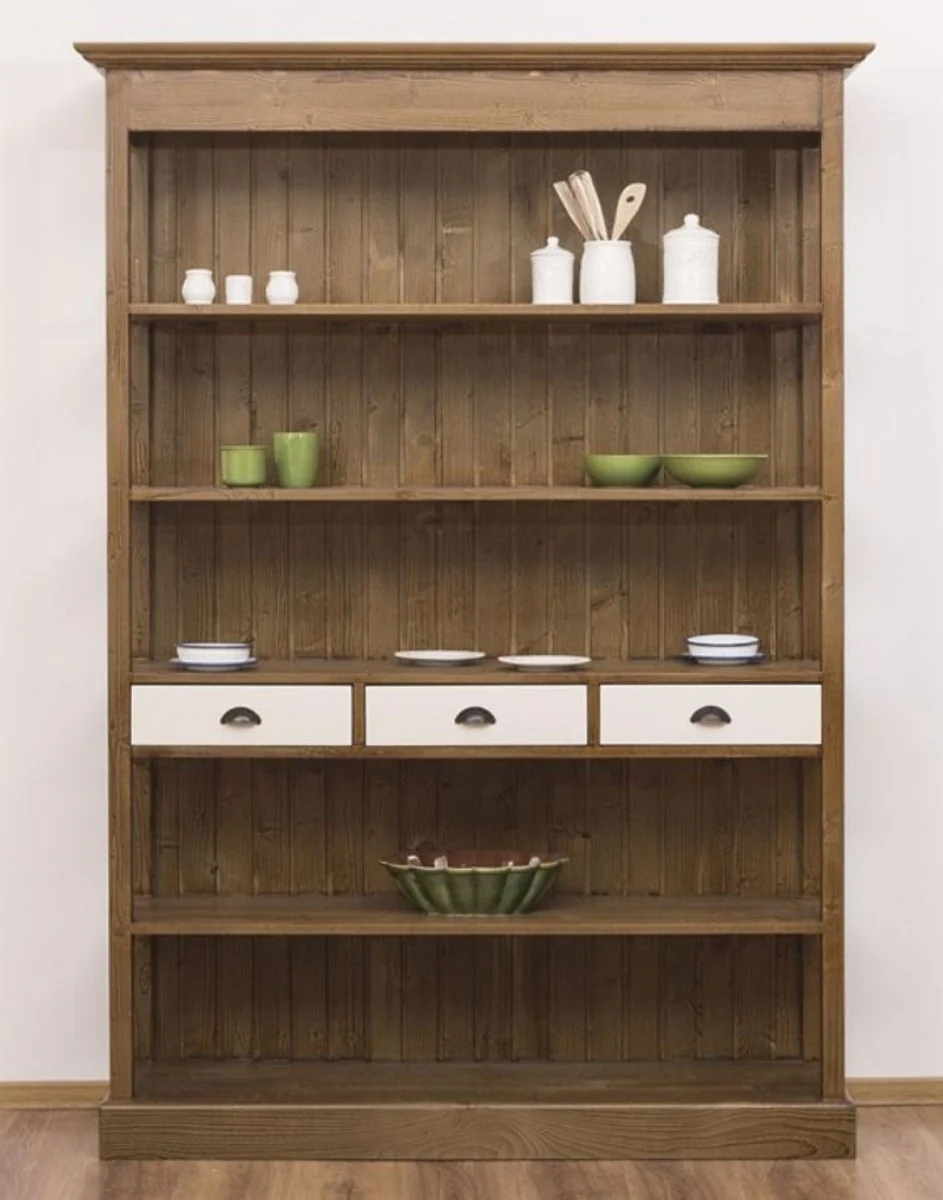 Landhausstil Regalschrank Braun / Weiß 140 x 39 x H. 197 cm - Landhausstil Schrank mit 3 Schubladen - Massivholz Küchenschrank - Landhausstil Möbel