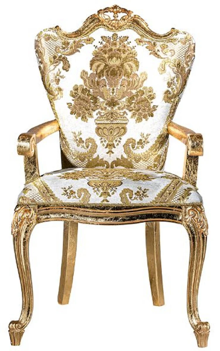 Luxus Barock Esszimmerstuhl Set Weiß / Gold - 6 handgefertigte Küchen Stühle mit Armlehnen und elegantem Muster - Barock Esszimmer Möbel - Edel & Prunkvoll