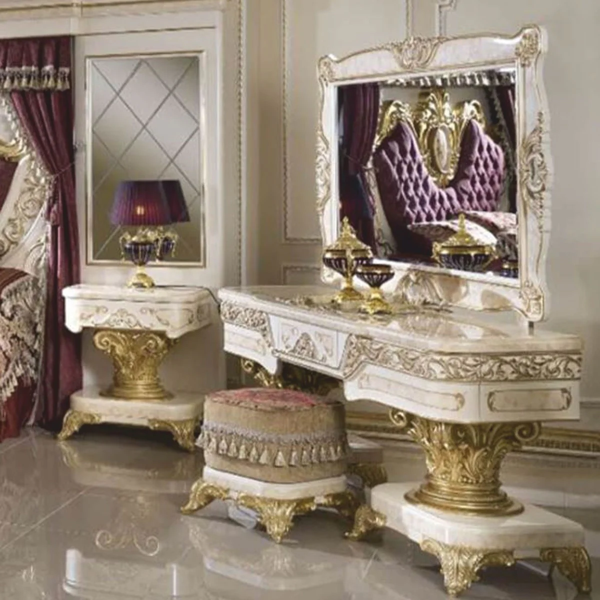 Luxus Barock Schminkkommoden Set Weiß / Beige / Gold - Barock Möbel