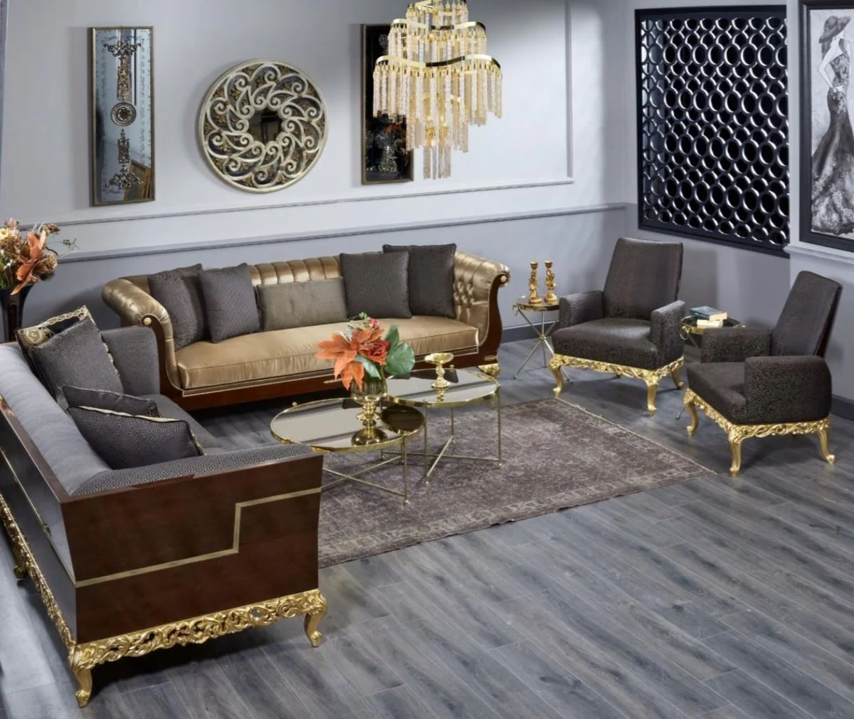 Luxus Barock Chesterfield Sofa Gold / Dunkelbraun - Prunkvolles Wohnzimmer Sofa - Barockstil Wohnzimmer Möbel - Luxus Möbel im Barockstil - Barock Einrichtung - Edel & Prunkvoll