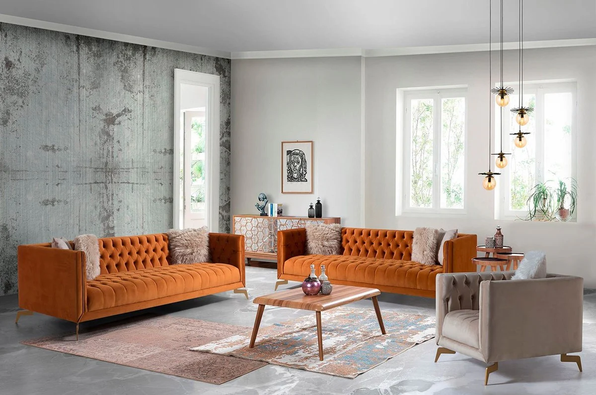 Luxus Chesterfield 3er Sofa Orange / Messingfarben 240 x 85 x H. 75 cm - Chesterfield Wohnzimmer Sofa - Chesterfield Wohnzimmer Möbel - Luxus Kollektion