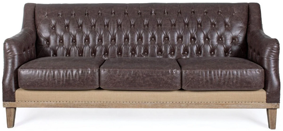 Luxus Chesterfield Kunstleder Sofa Dunkelbraun / Naturfarben 194,5 x 85 x H. 85 cm - Wohnzimmer Sofa - Wohnzimmer Möbel - Chesterfield Möbel - Luxus Möbel - Luxus Einrichtung