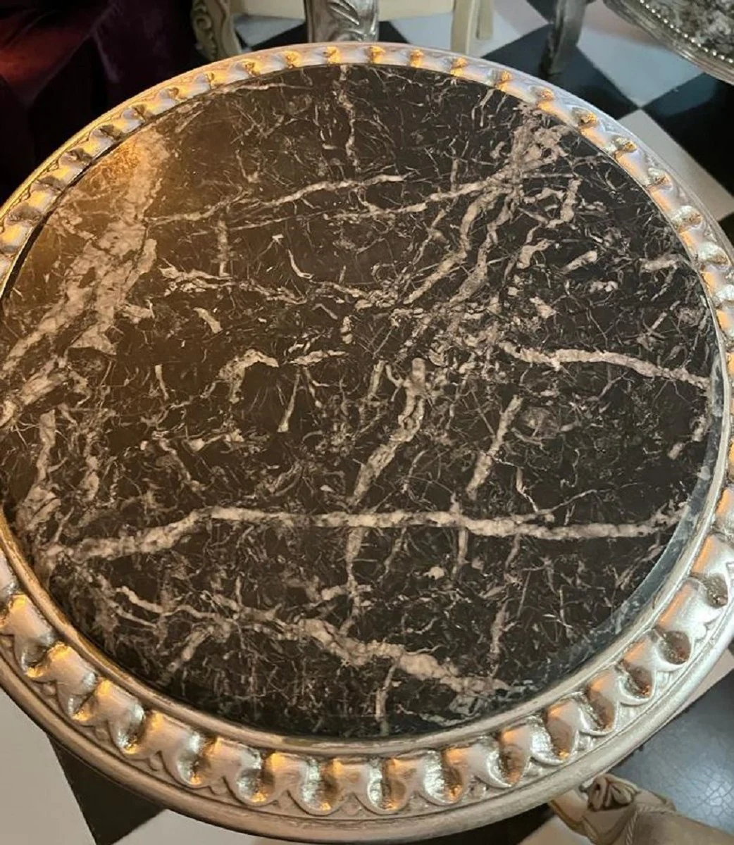 Barock Beistelltisch Silber / Schwarz - Runder Massivholz Tisch mit Marmorplatte im Barockstil - Wohnzimmer Möbel im Barockstil - Barock Möbel