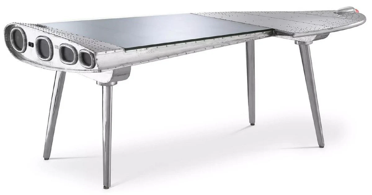 Luxus Aluminium Flieger Schreibtisch Rechts Silber 214 x 110 x H. 80 cm - Flugzeug Design Bürotisch - Aluminium Möbel - Flugzeug Möbel - Büro Möbel - Luxus Möbel - Luxus Einrichtung