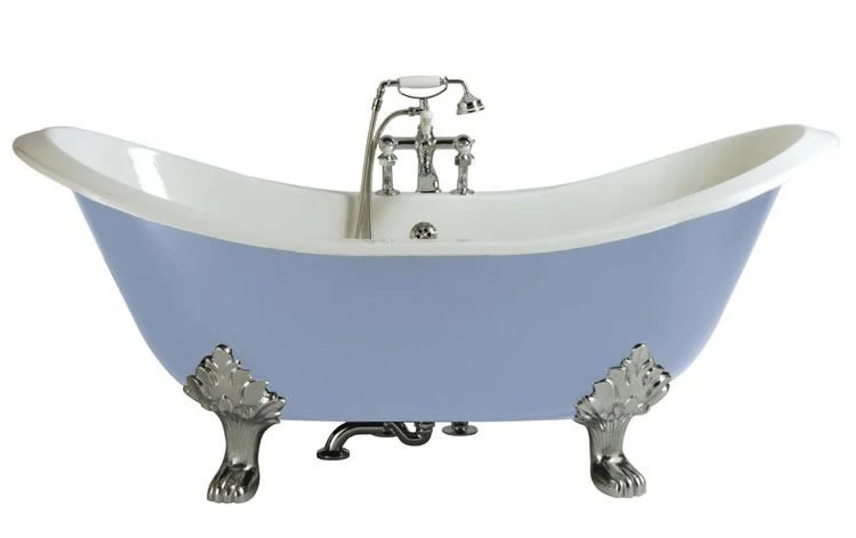 Luxus Jugendstil Gusseisen Badewanne Hellblau / Weiß / Silber 180 x 77 x H. 79 cm - Gebogene freistehende Badewanne - Barock & Jugendstil Badezimmer Möbel