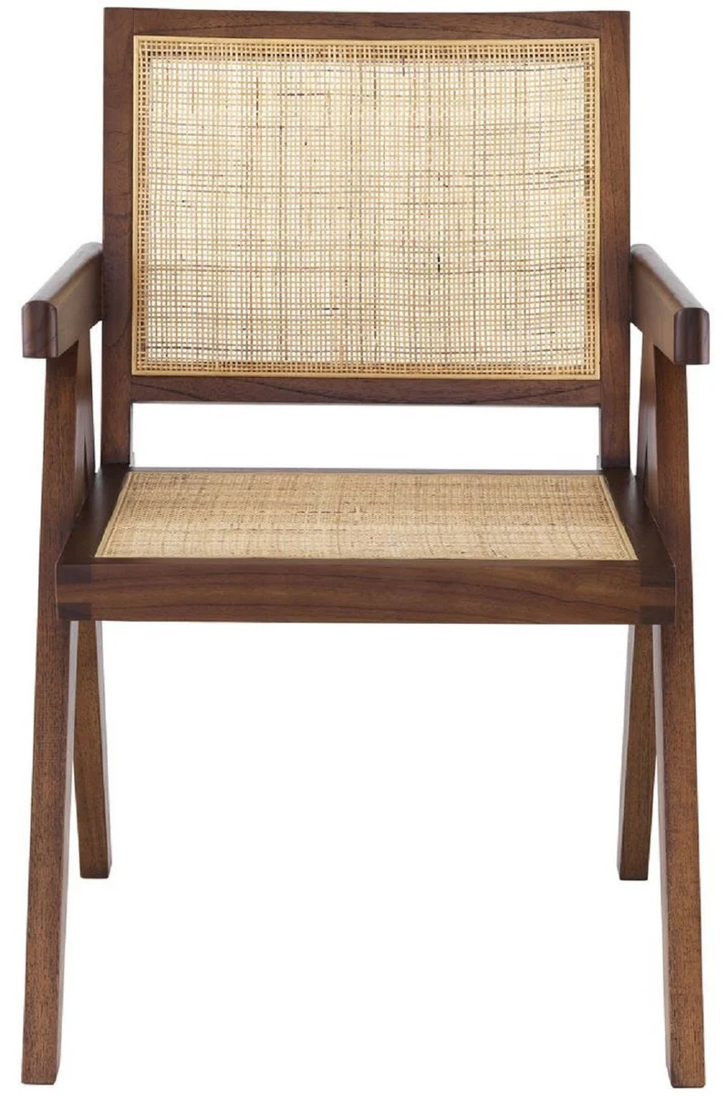 Luxus Esszimmerstuhl Braun / Naturfarben 57 x 65,5 x H. 90 cm - Massivholz Stuhl mit Armlehnen und handgewebtem Rattangeflecht - Luxus Esszimmer Möbel