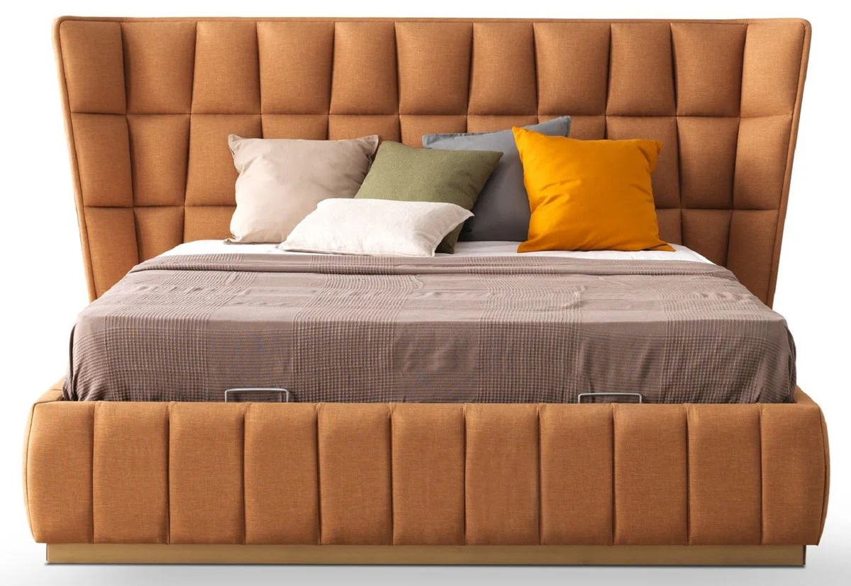 Luxus Doppelbett Hellbraun / Beige 247 x 214 x H. 126 cm - Massivholz Bett - Schlafzimmer Möbel - Hotel Möbel - Luxus Möbel - Luxus Einrichtung