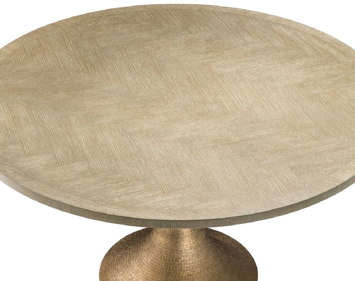 Luxus Esstisch Naturfarben / Messing Ø 140 x H. 76 cm - Runder Küchentisch - Luxus Esszimmer Möbel