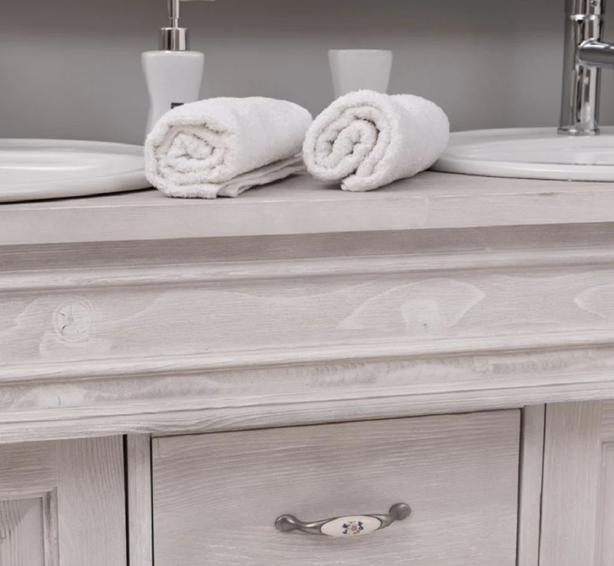 Landhausstil Badezimmer Set Hellgrau - 1 Doppelwaschtisch & 2 Waschbecken & 2 Wasserhähne & 1 Wandspiegel - Massivholz Badezimmer Möbel im Landhausstil