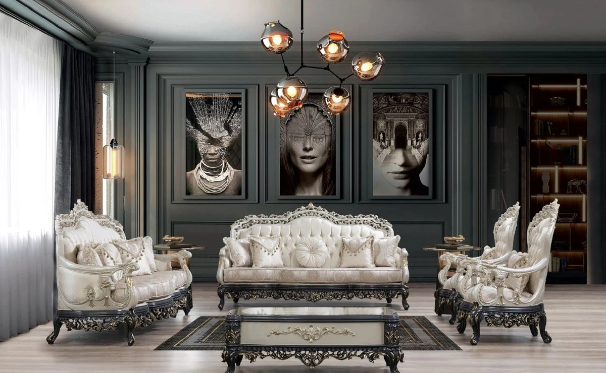 Luxus Barock Couchtisch Creme / Grau / Gold - Handgefertigter Massivholz Wohnzimmertisch - Prunkvolle Massivholz Wohnzimmer Möbel im Barockstil