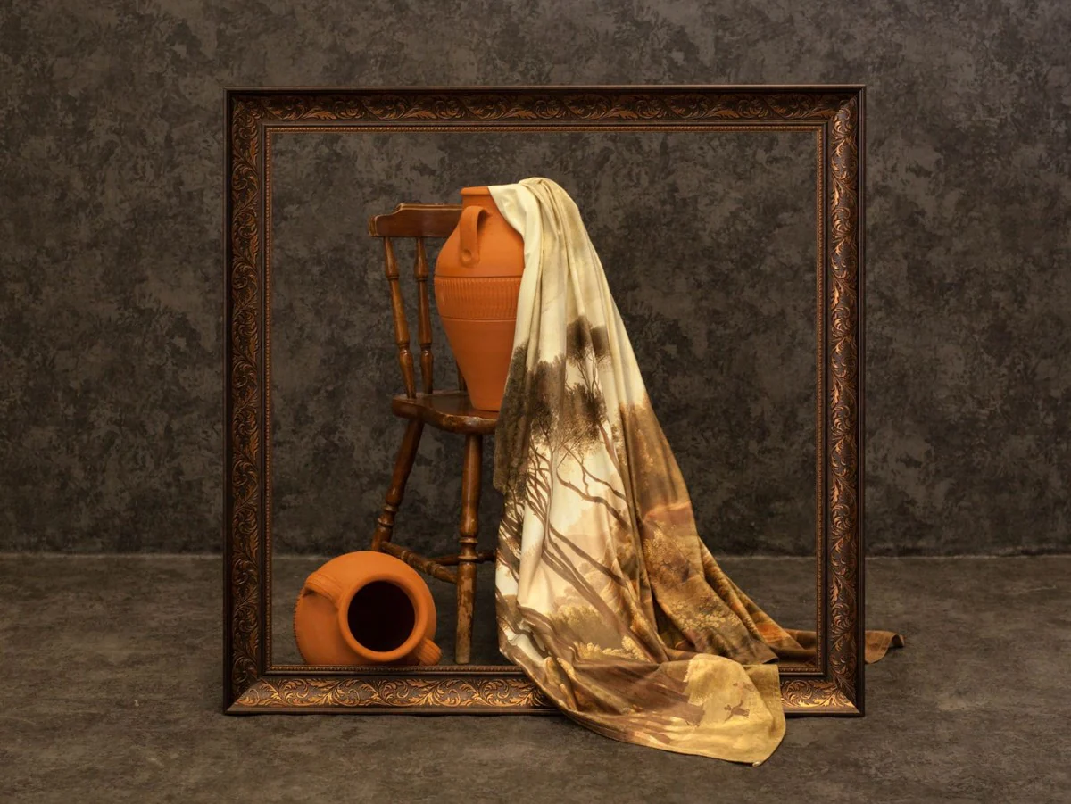 Luxus Vorhang Set Landschaft Mehrfarbig 250 x H. 290 cm - Bedruckte Leinen & Samt Vorhänge - Ösenvorhänge - Schiebevorhänge - Luxus Qualität