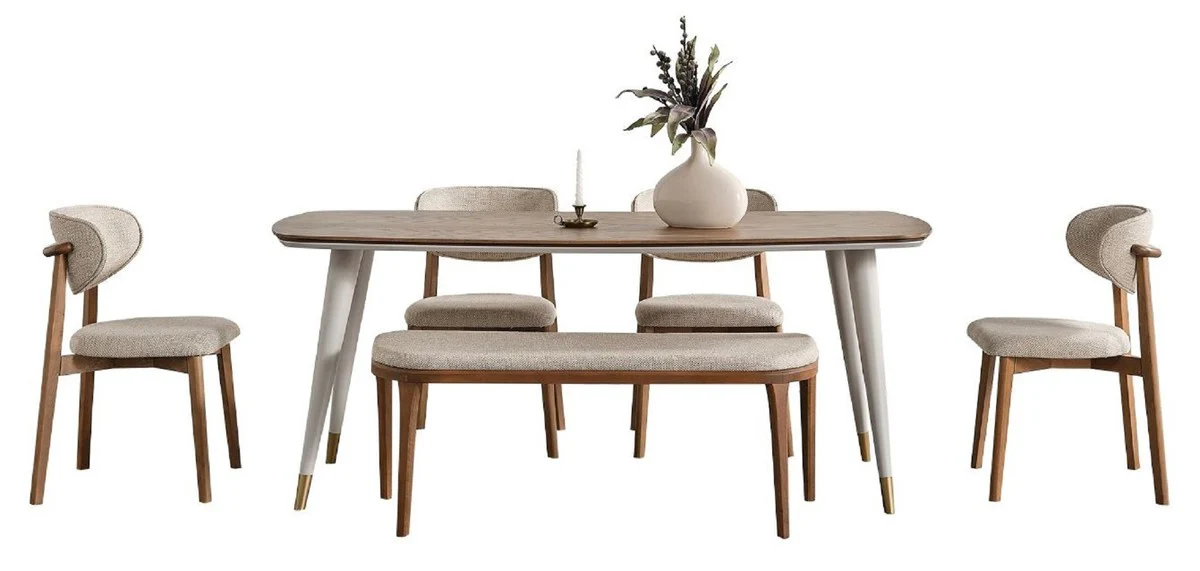 Luxus Esszimmer Set Grau / Braun - 1 Luxus Esstisch & 4 Luxus Esszimmerstühle & 1 Luxus Sitzbank - Esszimmer Möbel - Luxus Möbel - Luxus Einrichtung - Esszimmer Einrichtung