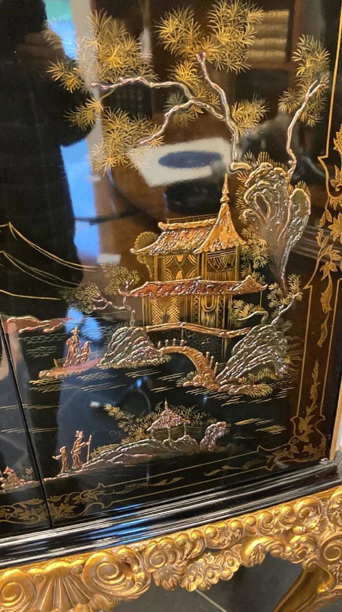 Luxus Barock Barschrank Schwarz / Mehrfarbig / Gold - Prunkvoller Massivholz Schrank mit LED Beleuchtung - Barock Wohnzimmer Möbel - Barock Bar Möbel - Barock Hotel Möbel