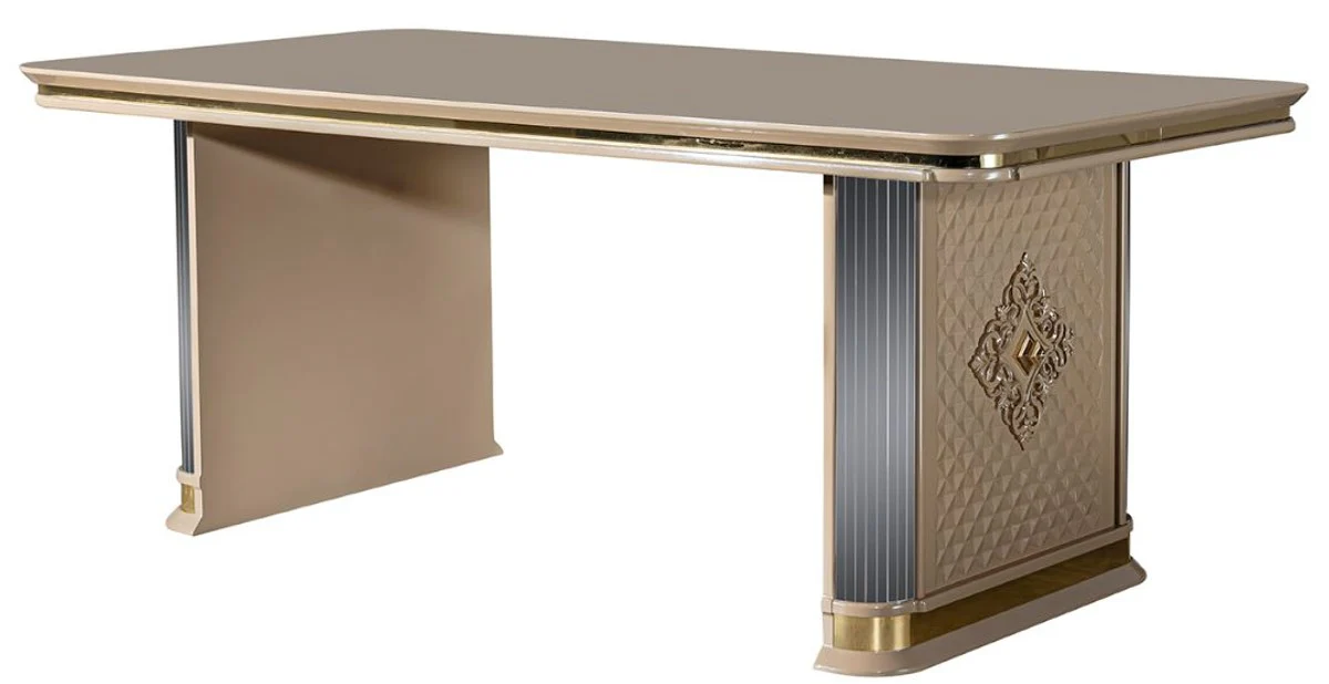 Luxus Art Deco Esstisch Beige / Gold - Edler Massivholz Küchentisch - Art Deco Esszimmer Möbel