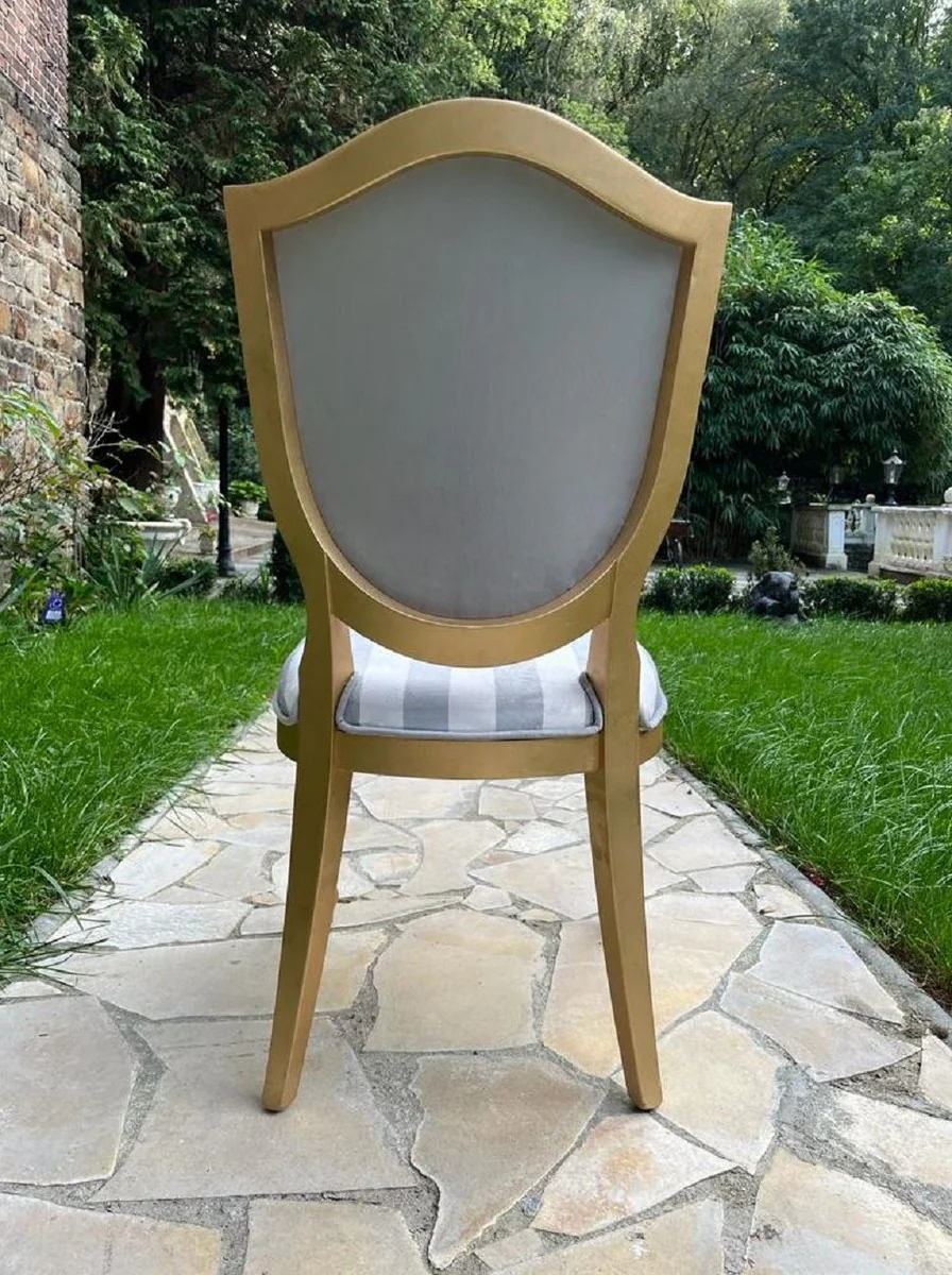 Luxus Art Deco Esszimmer Stuhl mit Design und Streifen Grau / Weiß / Mehrfarbig / Gold - Eleganter Massivholz Stuhl - Art Deco Esszimmer Möbel