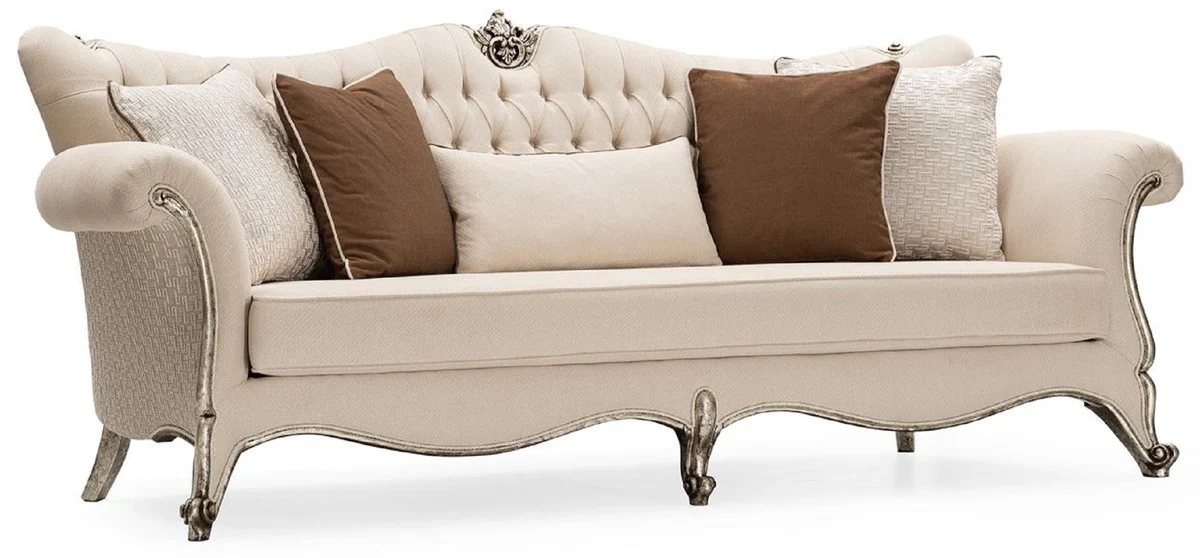 Luxus Barock Wohnzimmer Sofa Creme / Silber / Antik Silber - Handgefertigtes Barockstil Sofa mit dekorativen Kissen - Luxus Wohnzimmer Möbel im Barockstil - Barock Möbel