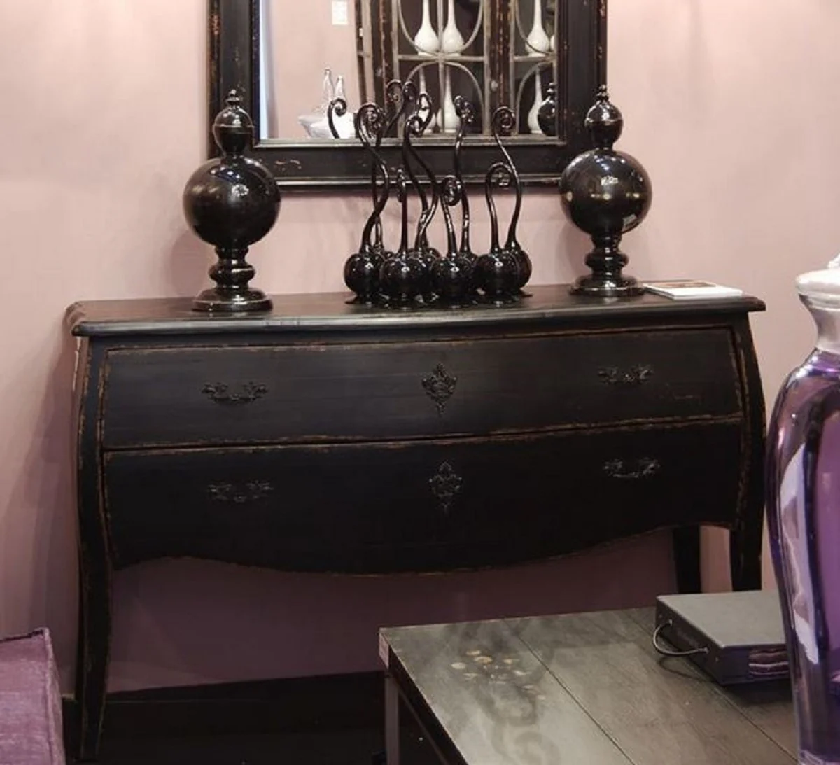 Luxus Landhausstil Massivholz Kommode mit 2 Schubladen Antik Schwarz - Handgefertigte Landhausstil Möbel - Luxus Qualität